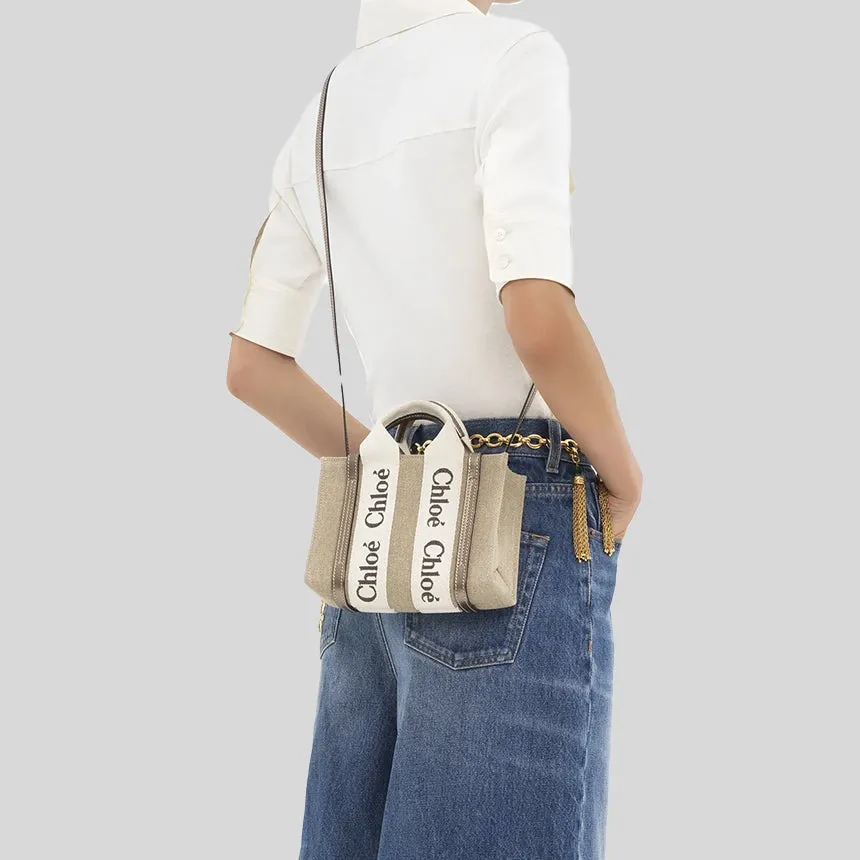CHLOE Small Woody Tote Bag In Linen And Leather Shiny Gray CHC25SS397O81074