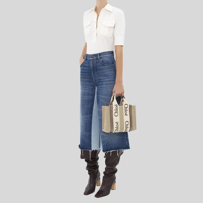 CHLOE Small Woody Tote Bag In Linen And Leather Shiny Gray CHC25SS397O81074