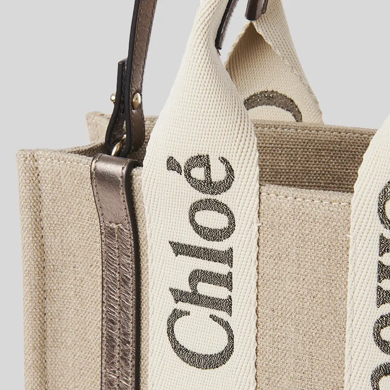 CHLOE Small Woody Tote Bag In Linen And Leather Shiny Gray CHC25SS397O81074