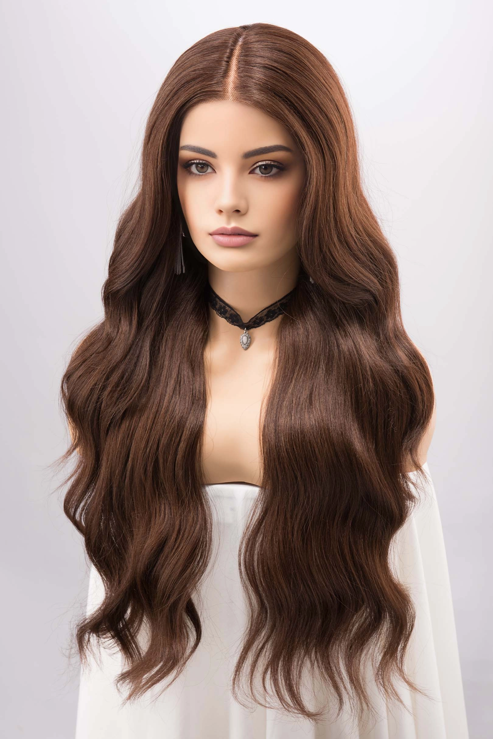 Chocolate Brown Brunette Wavy 13x6 Lace Synthetic Wedding Wig Malani