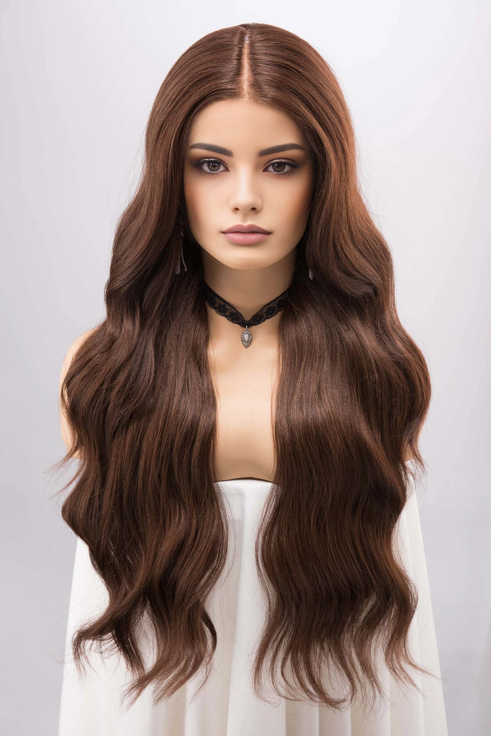 Chocolate Brown Brunette Wavy 13x6 Lace Synthetic Wedding Wig Malani