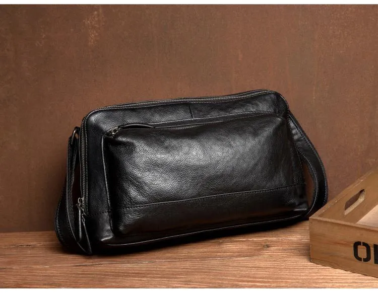 Cool Black Leather 10 inches Mens Messenger Bags Small Courier Bags Postman Bag for Men