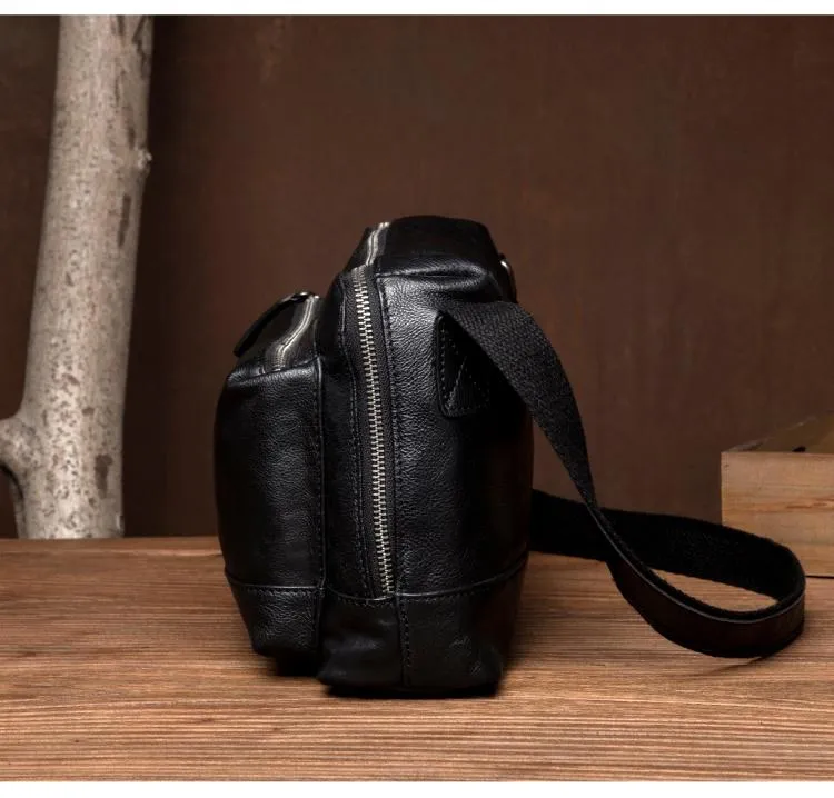 Cool Black Leather 10 inches Mens Messenger Bags Small Courier Bags Postman Bag for Men
