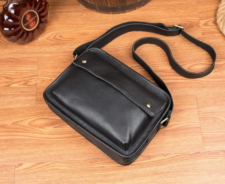 Cool Black Leather 10 inches Small Postman Bags Messenger Bag Courier Bag for Men