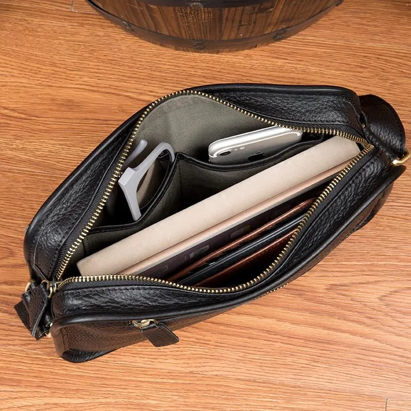 Cool Black Leather 10 inches Small Postman Bags Messenger Bag Courier Bag for Men