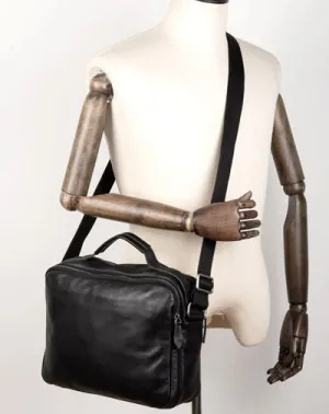 Cool Black Leather 11 inches Mens Small Messenger Bags Courier Bag Shoulder Briefcase for Men
