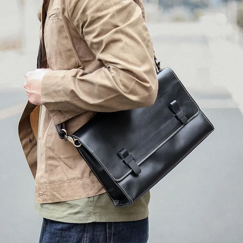 Cool Black Leather Mens 10" Postman Bag Small Messenger Bag Black Courier Bags For Men