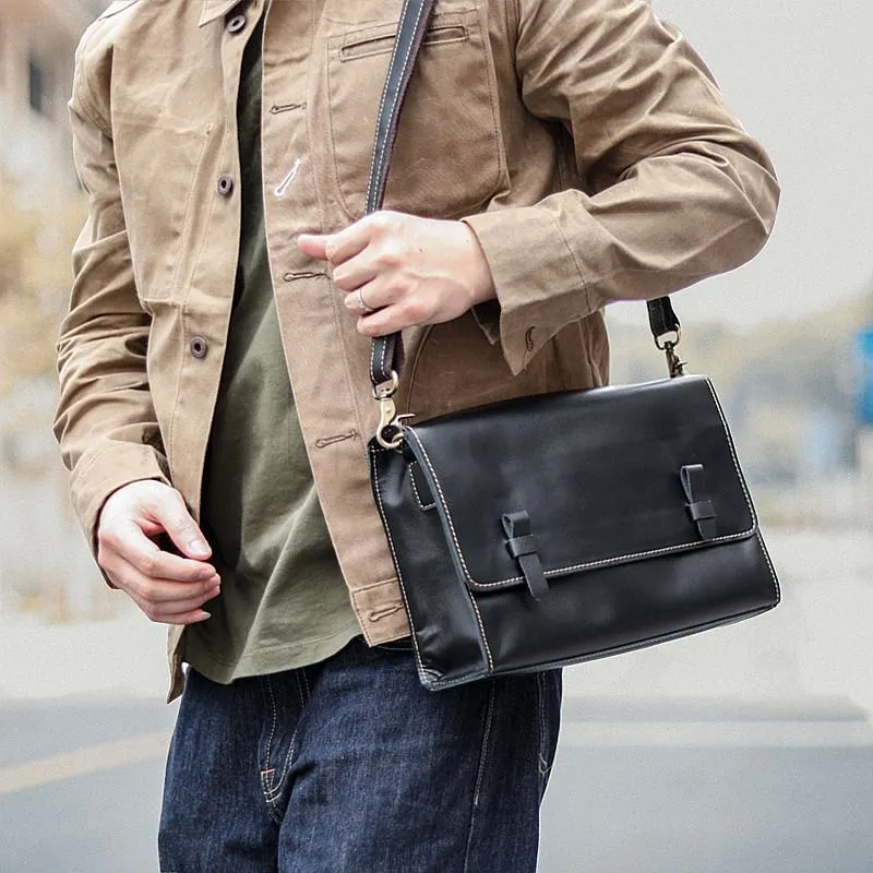 Cool Black Leather Mens 10" Postman Bag Small Messenger Bag Black Courier Bags For Men