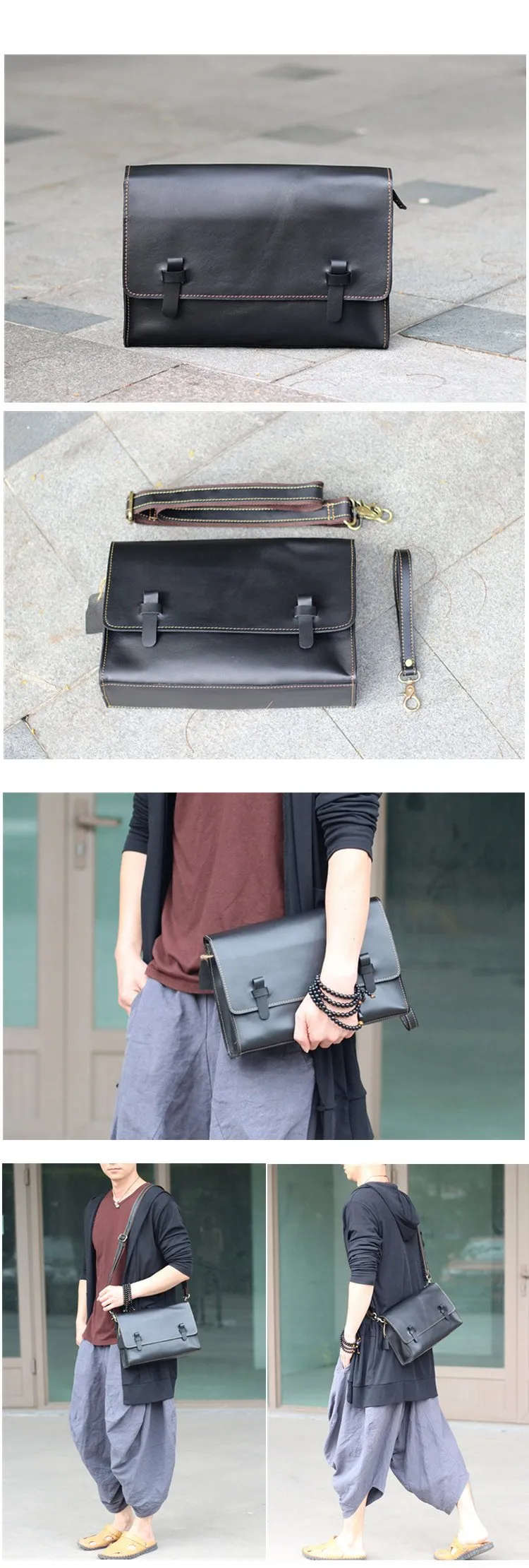 Cool Black Leather Mens 10" Postman Bag Small Messenger Bag Black Courier Bags For Men