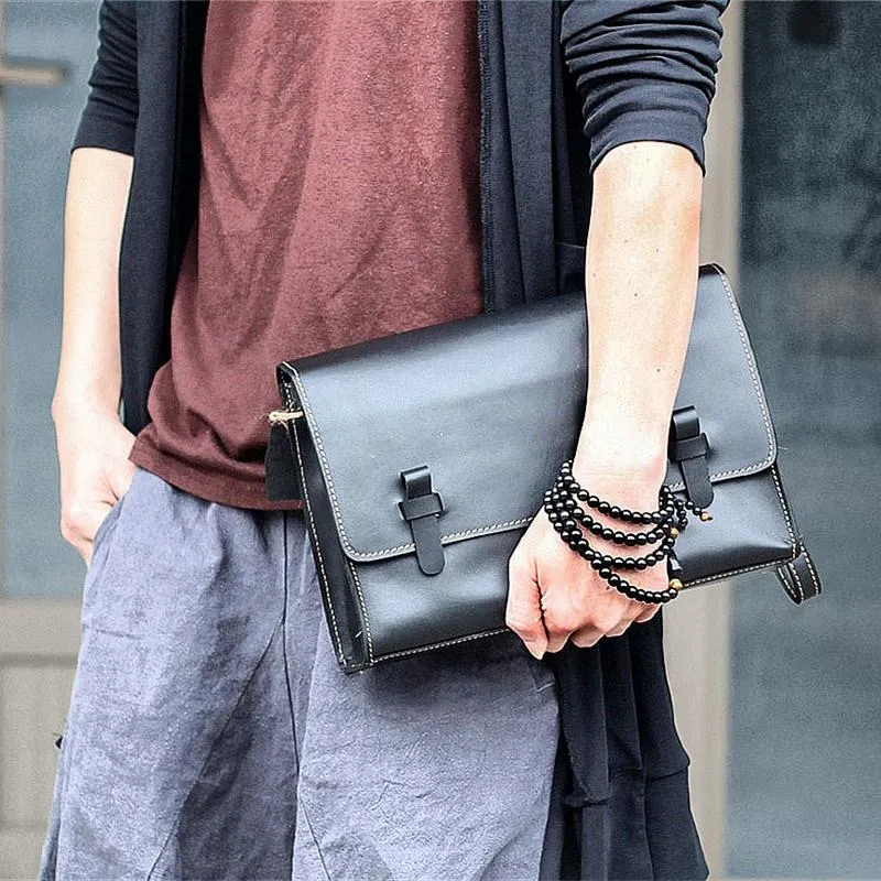 Cool Black Leather Mens 10" Postman Bag Small Messenger Bag Black Courier Bags For Men