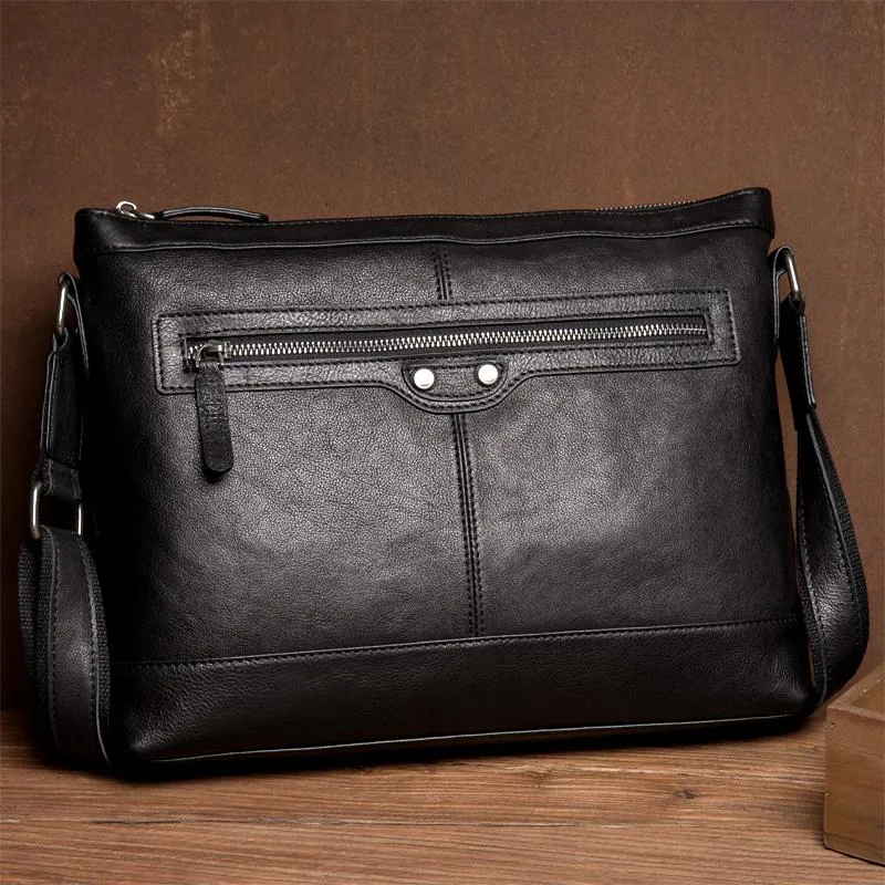 Cool Black Leather Mens Postman Bag Messenger Bags Side Bag Courier Bags for Men