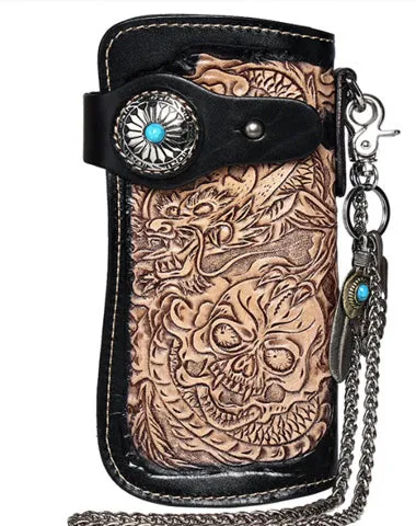 Cool Black Leather Tooled Dragon&Skull Biker Wallet Handmade Biker Chain Wallet for Men