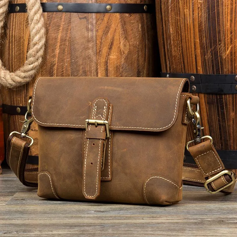 Cool Brown Leather 8 inches Mens Small Courier Bag Messenger Bags Postman Bags for Men