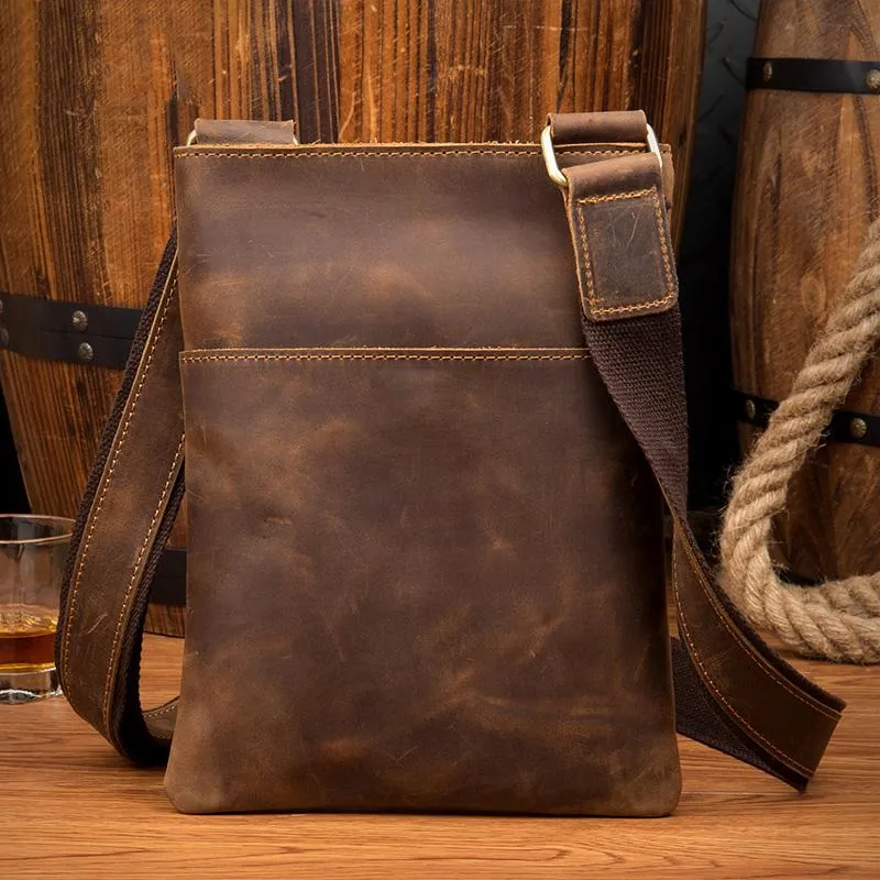 Cool Brown Leather 8 inches Mens Small Vertical Messenger Bags Brown Courier Bag for Men