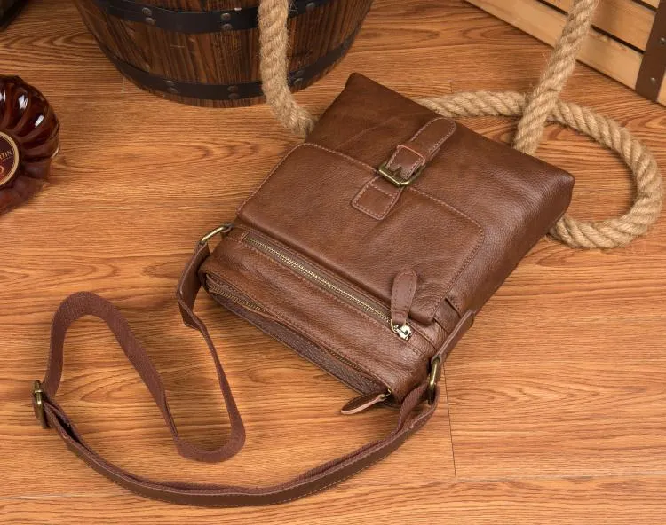 Cool Brown Leather Vertical Side Bags Messenger Bag Brown Courier Bag Postman Bag for Men