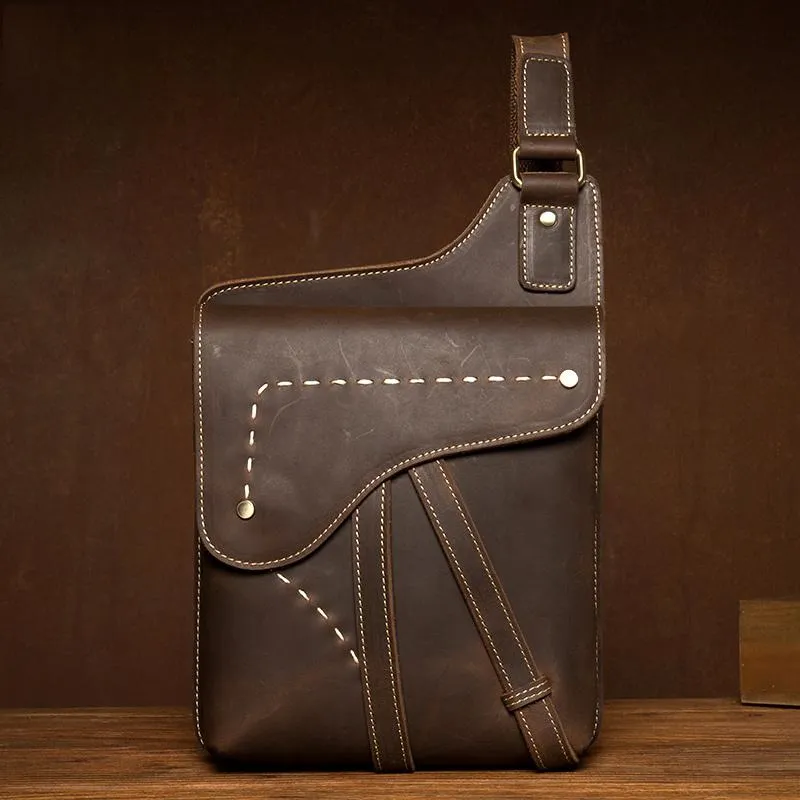 Cool Brown Mens Leather Small Side Bag Vintage Messenger Bags Courier Bag for Men