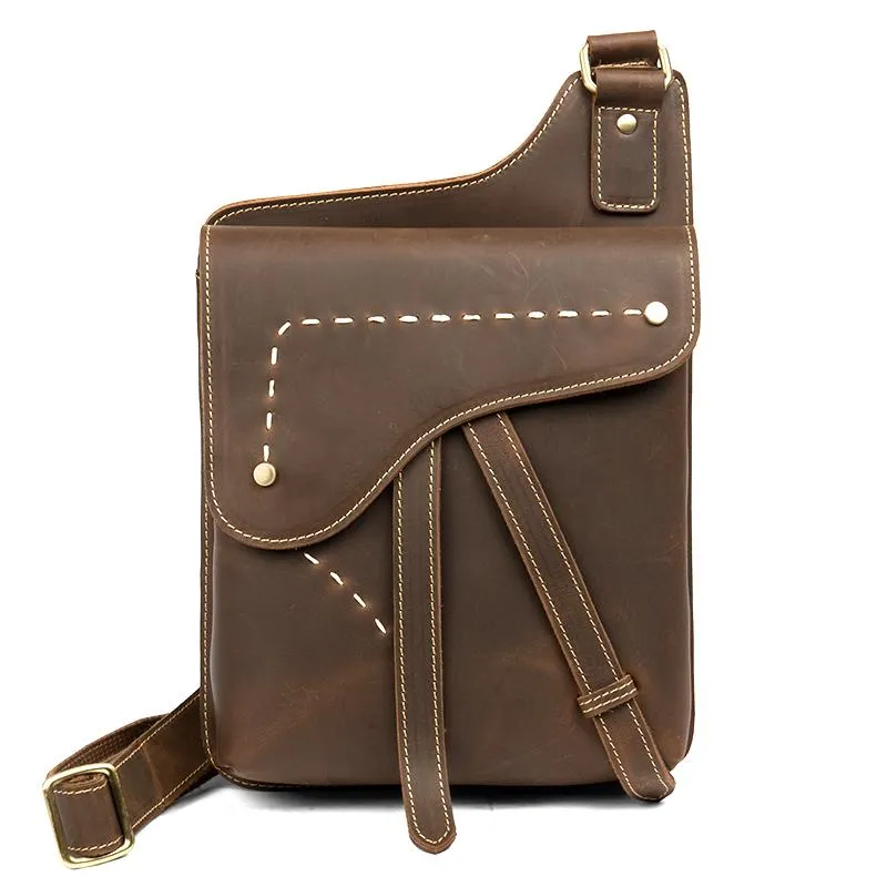 Cool Brown Mens Leather Small Side Bag Vintage Messenger Bags Courier Bag for Men