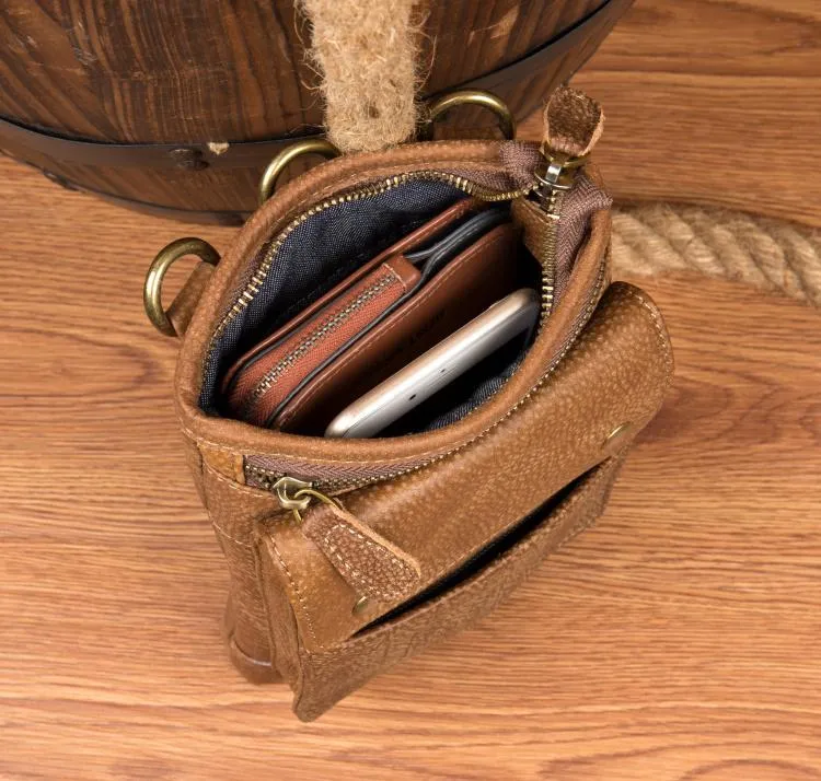 Cool Khaki Leather Mens Casual Waist Bag Belt Pouch Mini Messenger Bags Side Bag for Men