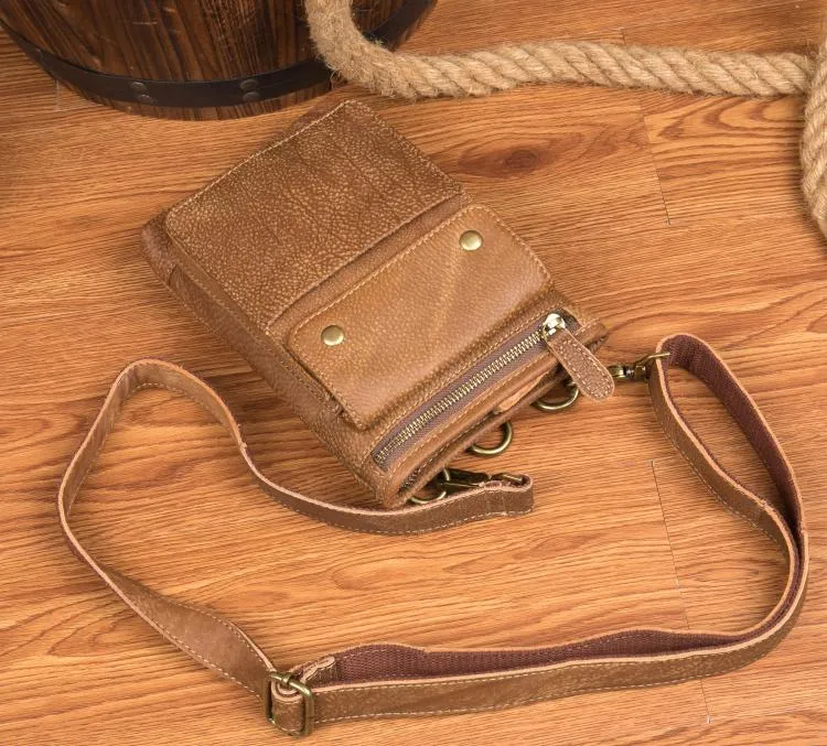 Cool Khaki Leather Mens Casual Waist Bag Belt Pouch Mini Messenger Bags Side Bag for Men
