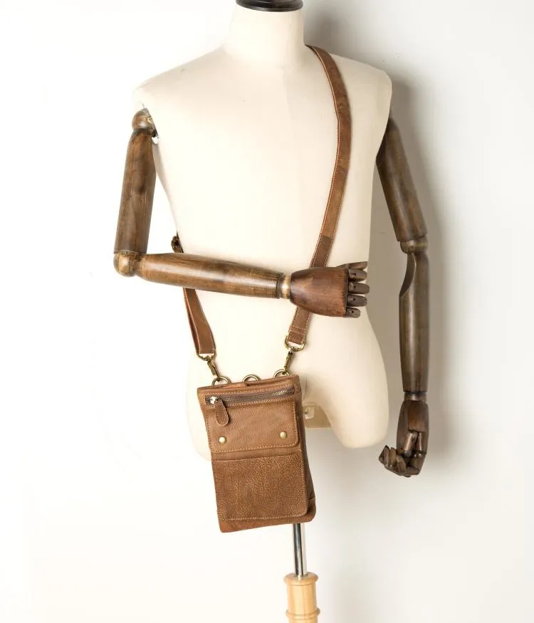 Cool Khaki Leather Mens Casual Waist Bag Belt Pouch Mini Messenger Bags Side Bag for Men