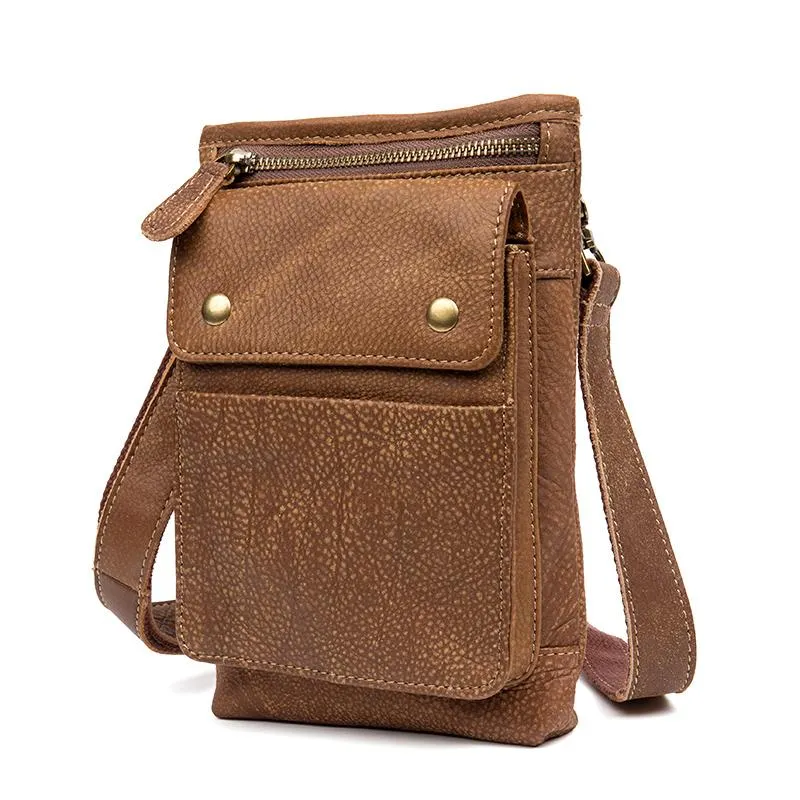 Cool Khaki Leather Mens Casual Waist Bag Belt Pouch Mini Messenger Bags Side Bag for Men
