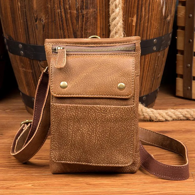 Cool Khaki Leather Mens Casual Waist Bag Belt Pouch Mini Messenger Bags Side Bag for Men