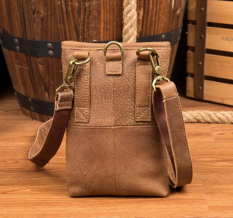 Cool Khaki Leather Mens Casual Waist Bag Belt Pouch Mini Messenger Bags Side Bag for Men