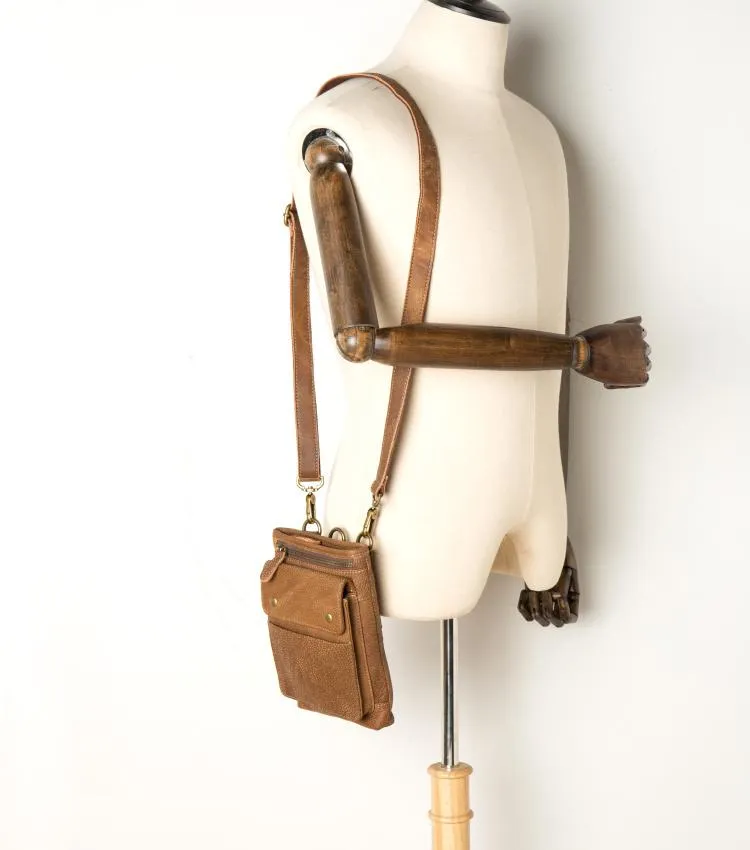 Cool Khaki Leather Mens Casual Waist Bag Belt Pouch Mini Messenger Bags Side Bag for Men