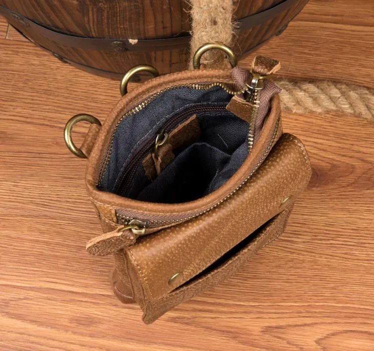 Cool Khaki Leather Mens Casual Waist Bag Belt Pouch Mini Messenger Bags Side Bag for Men