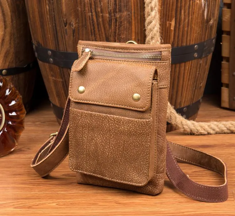 Cool Khaki Leather Mens Casual Waist Bag Belt Pouch Mini Messenger Bags Side Bag for Men