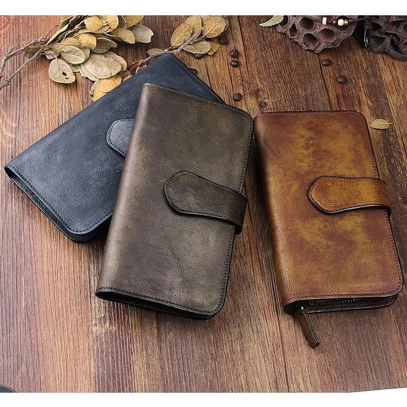 Cool Leather Brown Mens Long Wallet Gray Buckled Long Wallet Trifold Clutch Wallet for Men