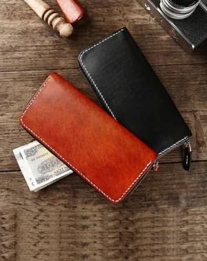 Cool Leather Mens Black Long Wallet Brown Handmade Zipper Wallet Long Wallet For Men