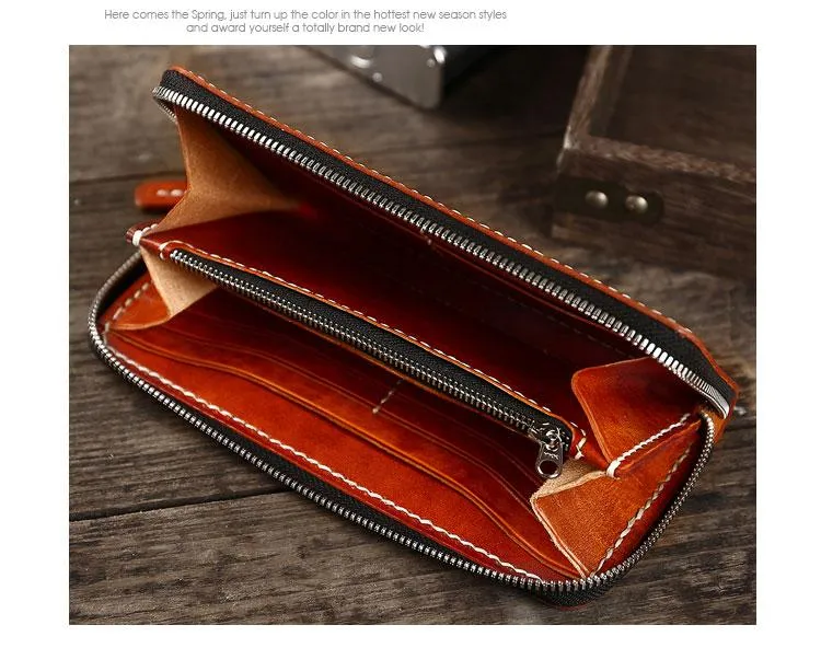 Cool Leather Mens Black Long Wallet Brown Handmade Zipper Wallet Long Wallet For Men