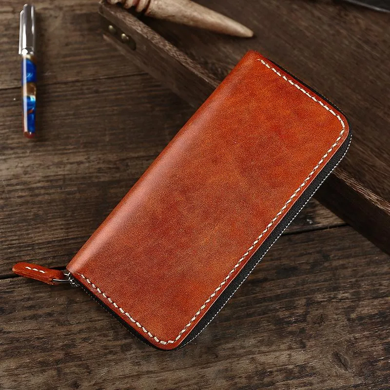 Cool Leather Mens Black Long Wallet Brown Handmade Zipper Wallet Long Wallet For Men