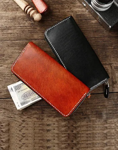 Cool Leather Mens Black Long Wallet Brown Handmade Zipper Wallet Long Wallet For Men