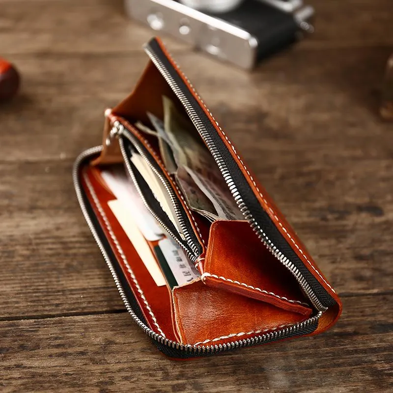 Cool Leather Mens Black Long Wallet Brown Handmade Zipper Wallet Long Wallet For Men