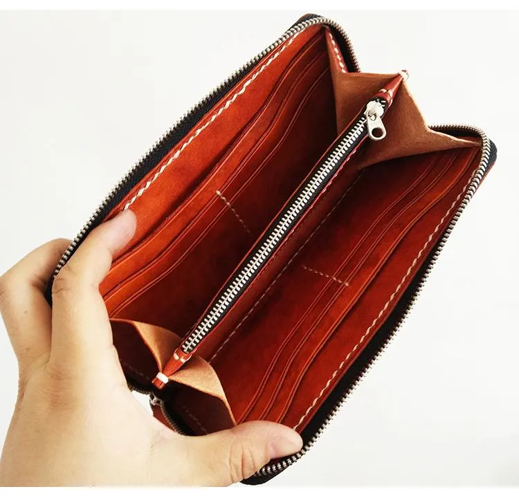 Cool Leather Mens Black Long Wallet Brown Handmade Zipper Wallet Long Wallet For Men