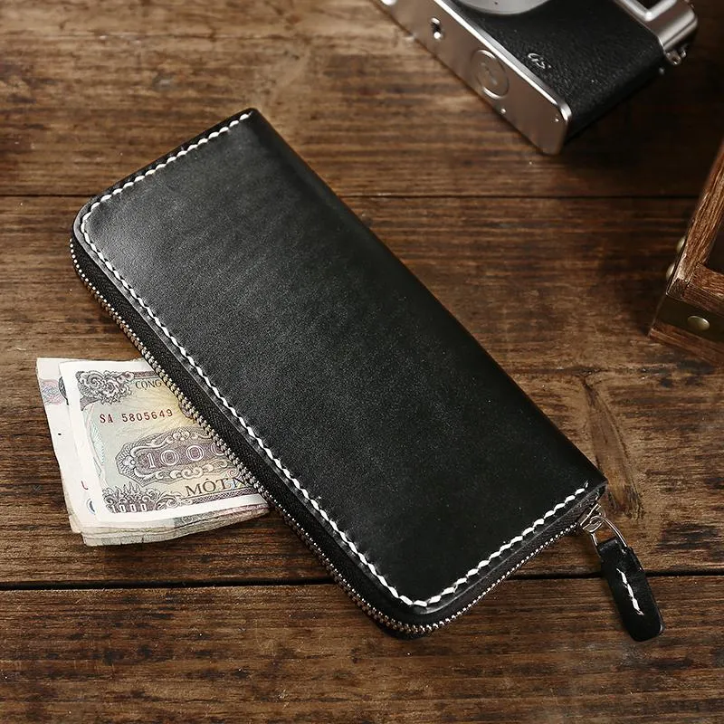 Cool Leather Mens Black Long Wallet Brown Handmade Zipper Wallet Long Wallet For Men