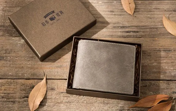 Cool Leather Mens Gray Small Wallet Bifold Vintage Slim billfold Wallet for Men