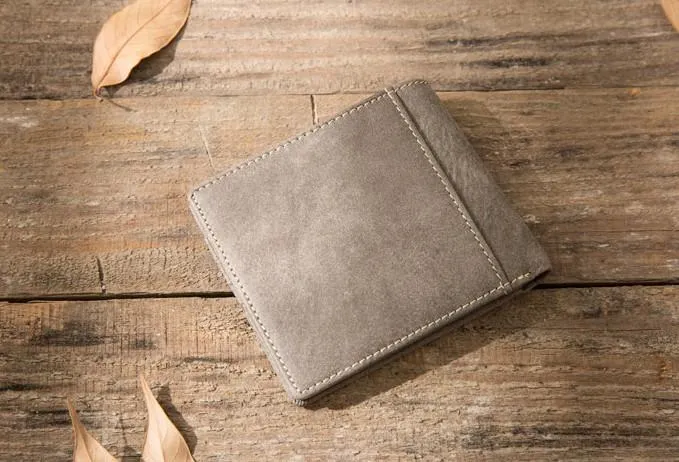 Cool Leather Mens Gray Small Wallet Bifold Vintage Slim billfold Wallet for Men
