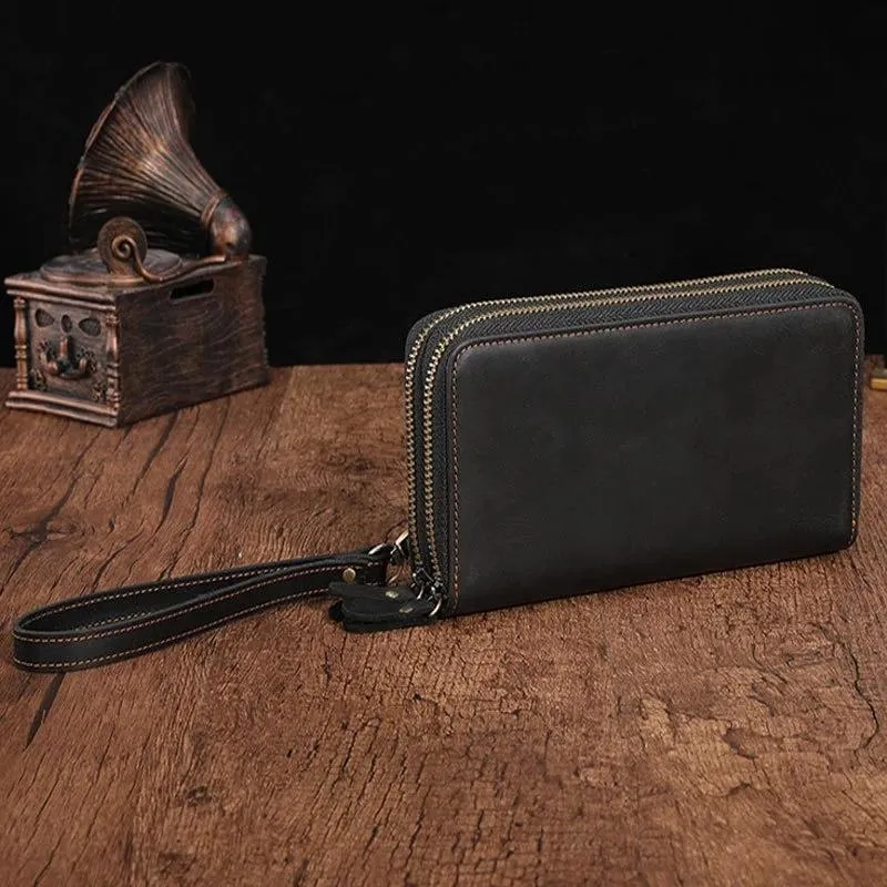 Cool Leather MensLong Wallet Double Zipper Clutch Wallet Wristlet Wallet