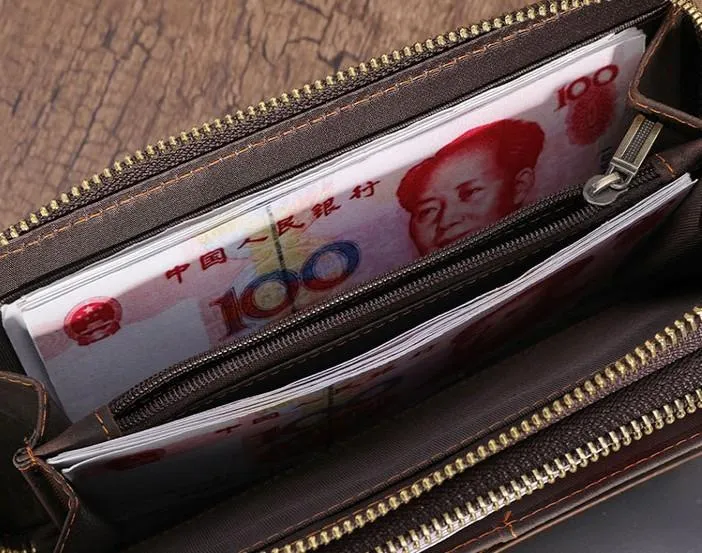 Cool Leather MensLong Wallet Double Zipper Clutch Wallet Wristlet Wallet