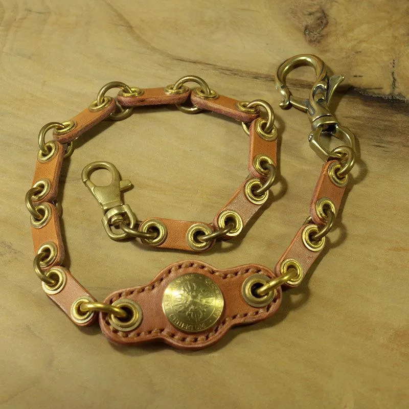 Cool Men's Handmade Leather Brass Pants Chains Biker Wallet Chains For Men