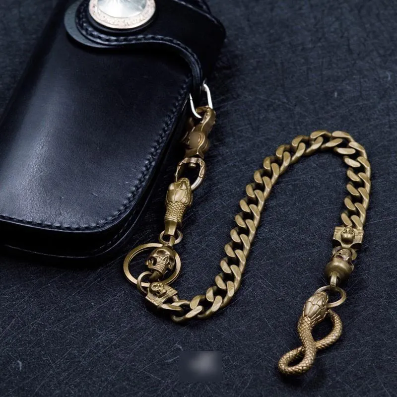 Cool Men's Handmade Pure Brass Python Head Key Chain Pants Chains Biker Wallet Chain For Men