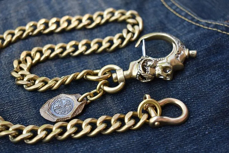Cool Men's Pure Gold Brass Skull 18 Key Chain Pants Chains Biker Wallet Chain For Men