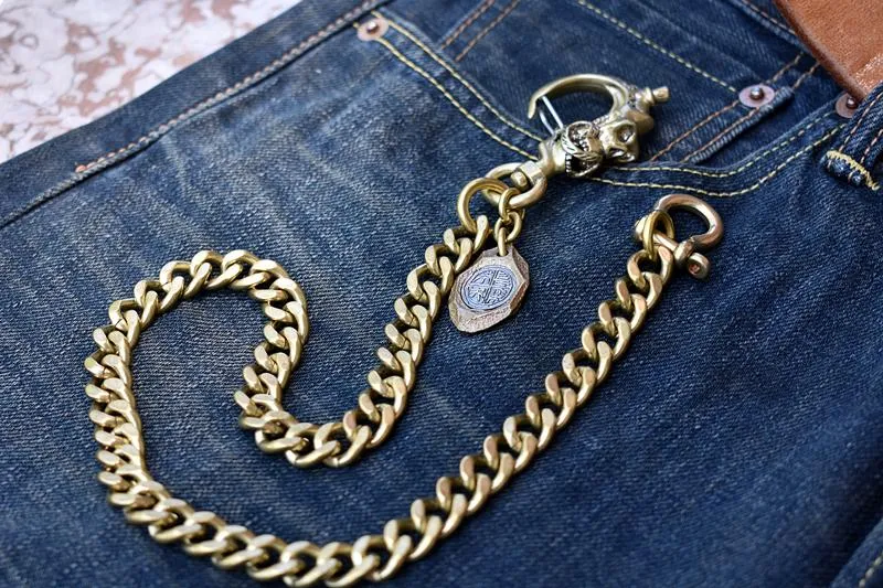 Cool Men's Pure Gold Brass Skull 18 Key Chain Pants Chains Biker Wallet Chain For Men