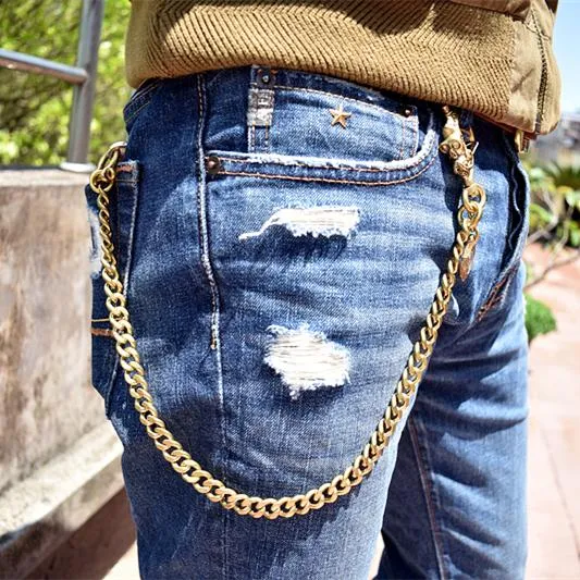 Cool Men's Pure Gold Brass Skull 18 Key Chain Pants Chains Biker Wallet Chain For Men