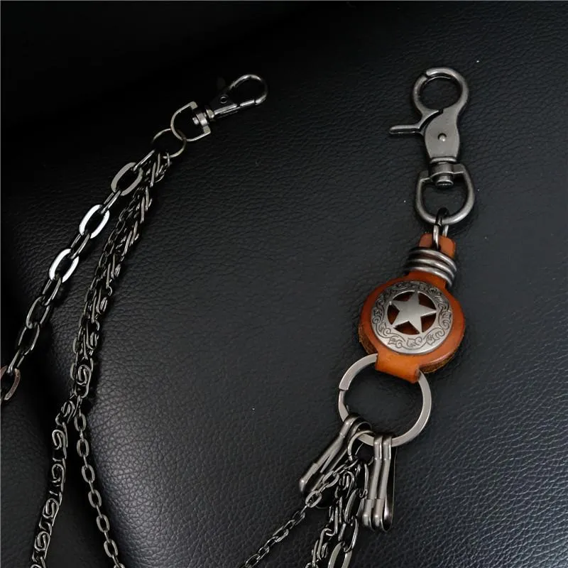 Cool Men's Silver Star Triple Pants Leather Head Chain Punk Wallet Chain For Men
