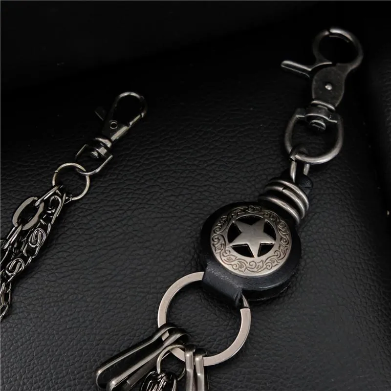 Cool Men's Silver Star Triple Pants Leather Head Chain Punk Wallet Chain For Men