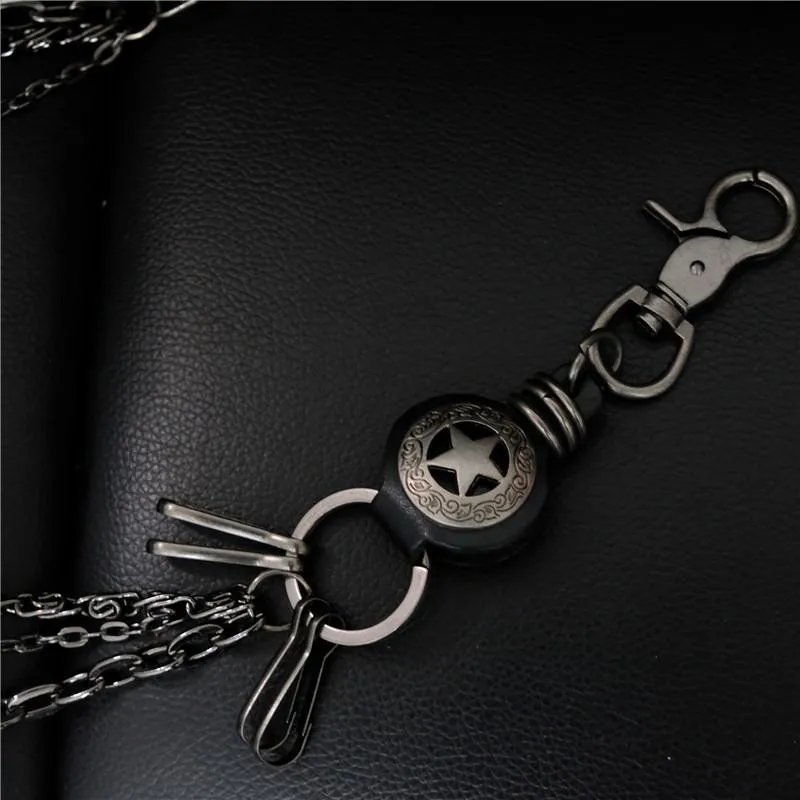 Cool Men's Silver Star Triple Pants Leather Head Chain Punk Wallet Chain For Men